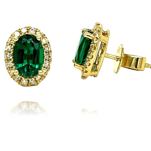 14KY Gold Emerald and Diamond Halo Earrings - Picture 2 of 3